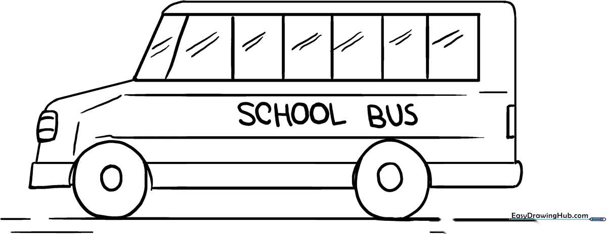 Black and white line art of a friendly school bus with large windows, perfect for children to color with crayons or markers.