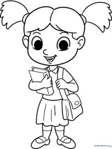 Black and white line art of a smiling schoolgirl wearing a uniform, ready to be colored with crayons or markers.