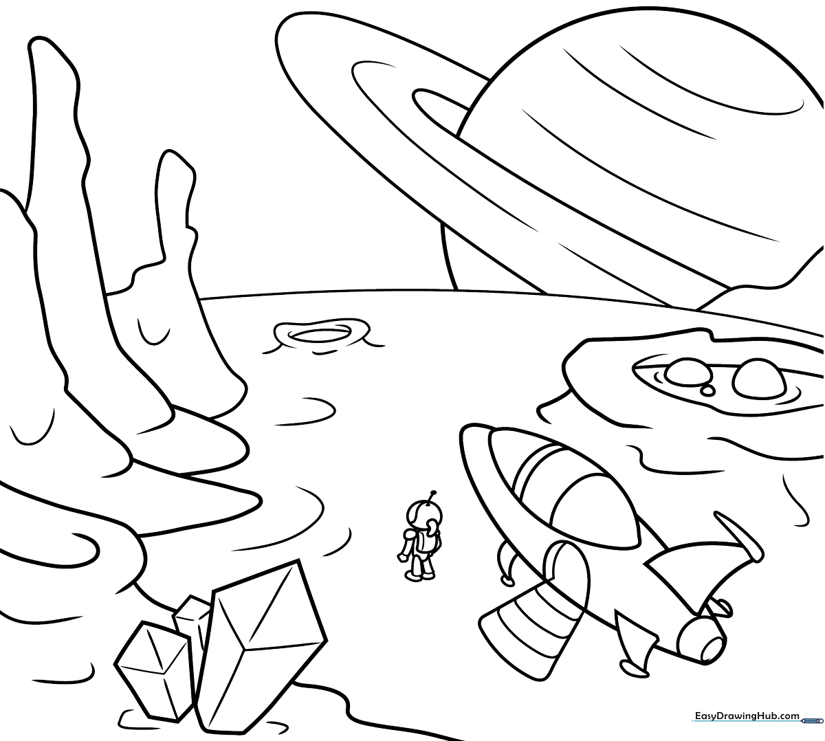 Black and white line art of a futuristic sci-fi landscape featuring alien structures, craters, and distant planets, ready for children to color.