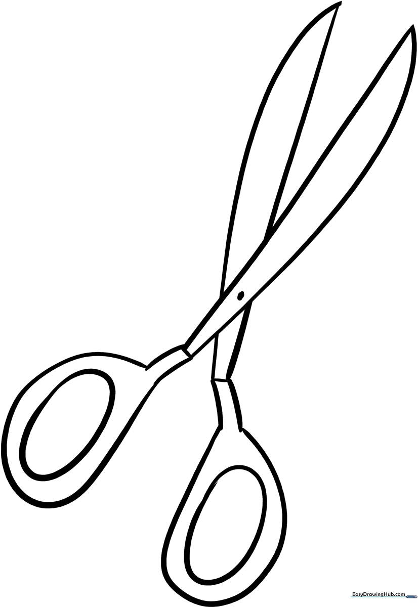 A simple, bold-lined cartoon illustration of a pair of open scissors, designed for children to color with crayons or markers.