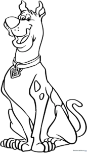 Black and white line art of Scooby-Doo standing, ready for coloring with crayons or markers to develop fine motor skills.