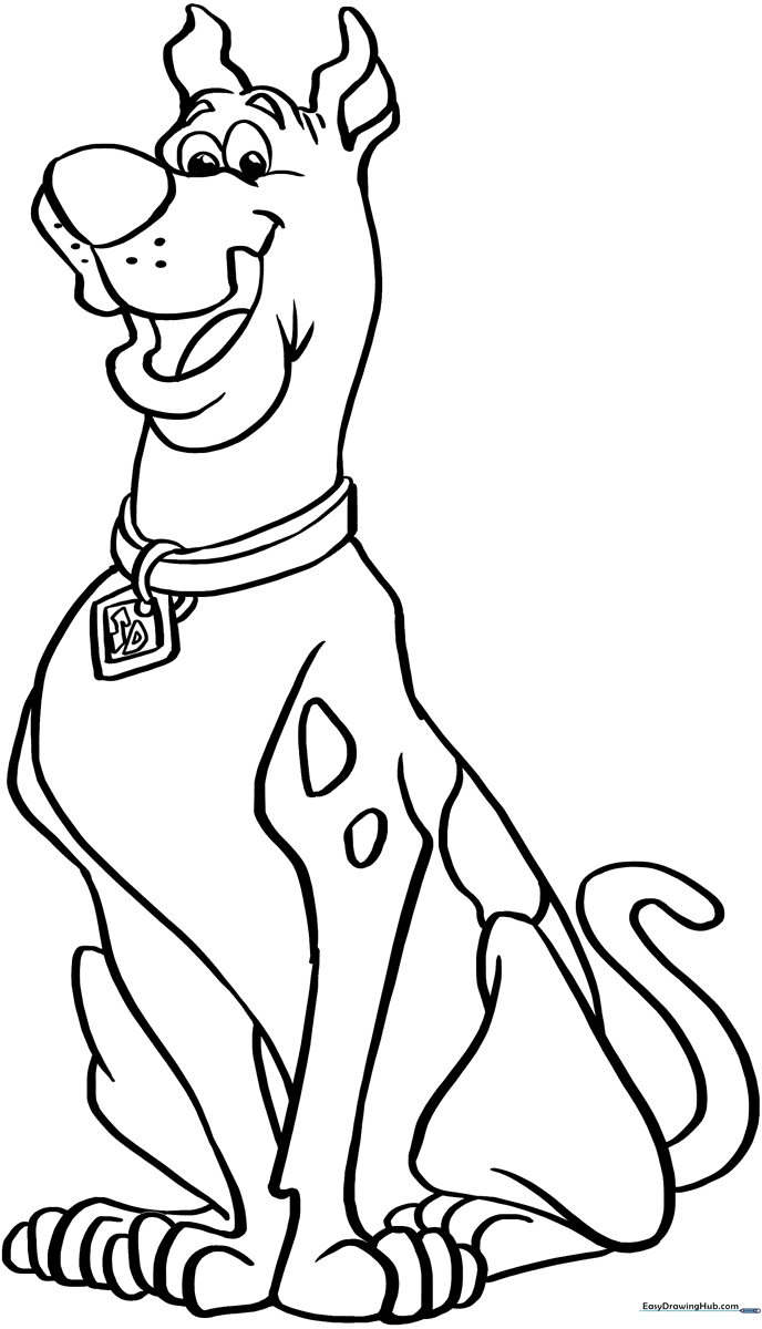 Black and white line art of Scooby-Doo standing, ready for coloring with crayons or markers to develop fine motor skills.
