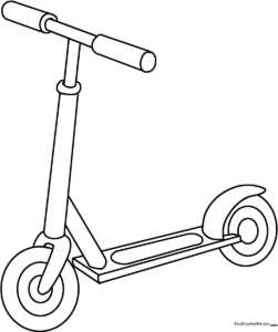 Black and white line art of a kick scooter with large wheels and handlebars, designed for children to color.