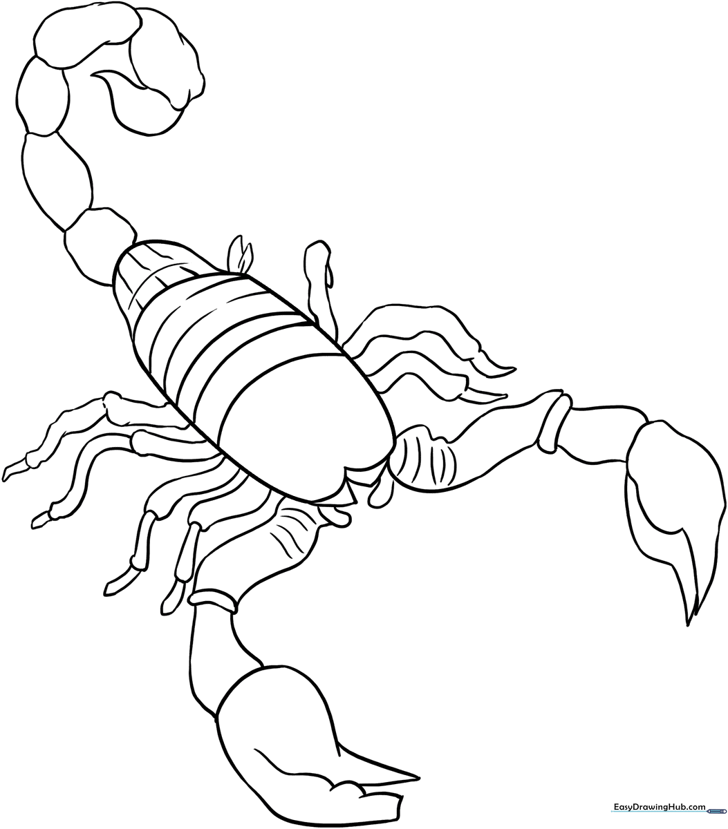 Black and white line art of a scorpion with large pincers and a curved tail, designed for children to color.