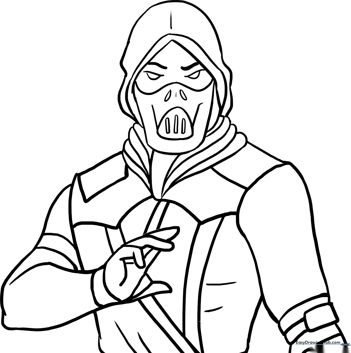 Black and white line art of Scorpion from Mortal Kombat, featuring his signature ninja mask and hood, ready for coloring.