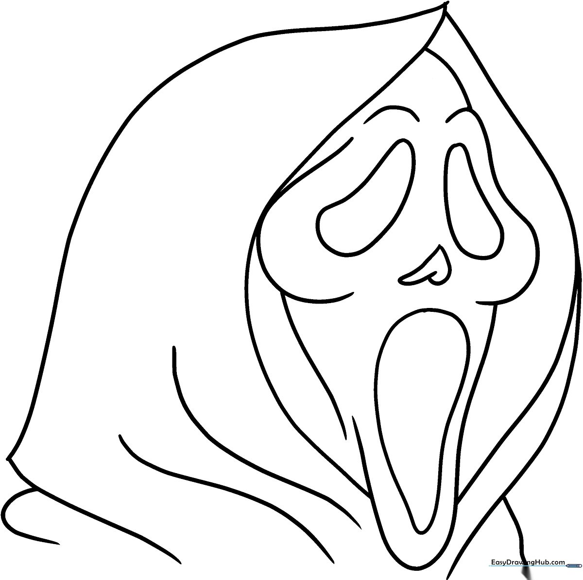 Black and white line art of a Scream mask with large, hollow eyes and a distorted mouth, designed for children's coloring activities.