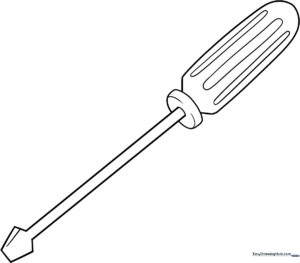 A clear, bold-lined coloring page of a flat-head screwdriver with a comfortable grip handle, designed for easy coloring by young children.