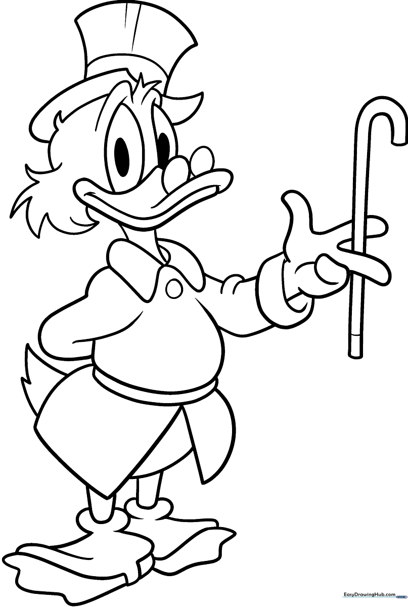 Black and white line art of Scrooge McDuck wearing his signature top hat and coat, ready for coloring.