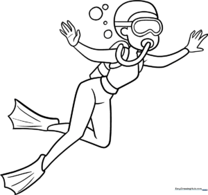 Black and white line art of a scuba diver wearing a mask, regulator, and oxygen tank, ready for coloring.