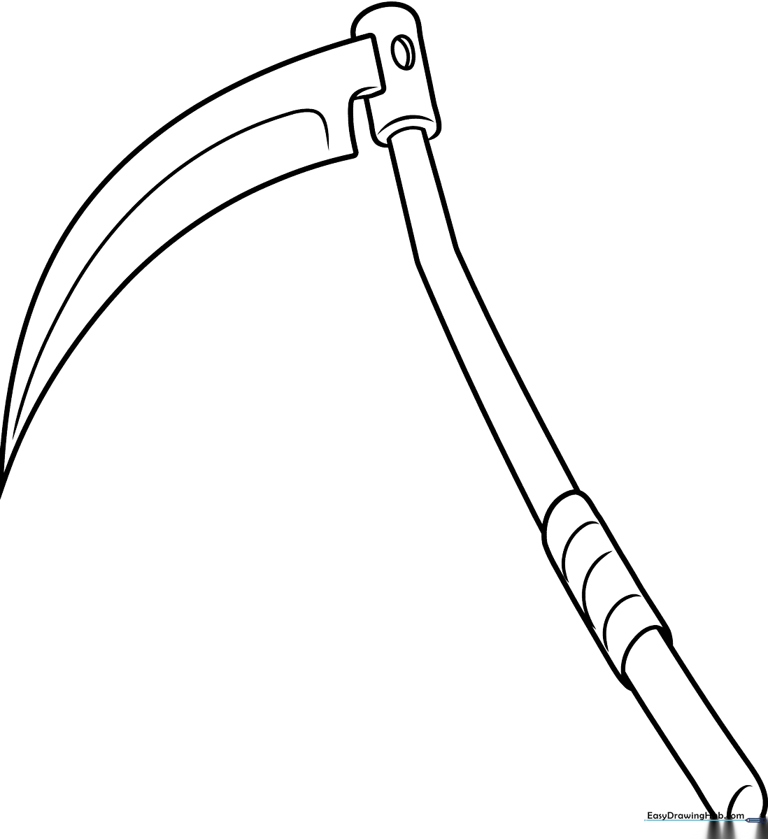 Black and white line art of a farm scythe with a long wooden handle and curved blade, designed for children to color.