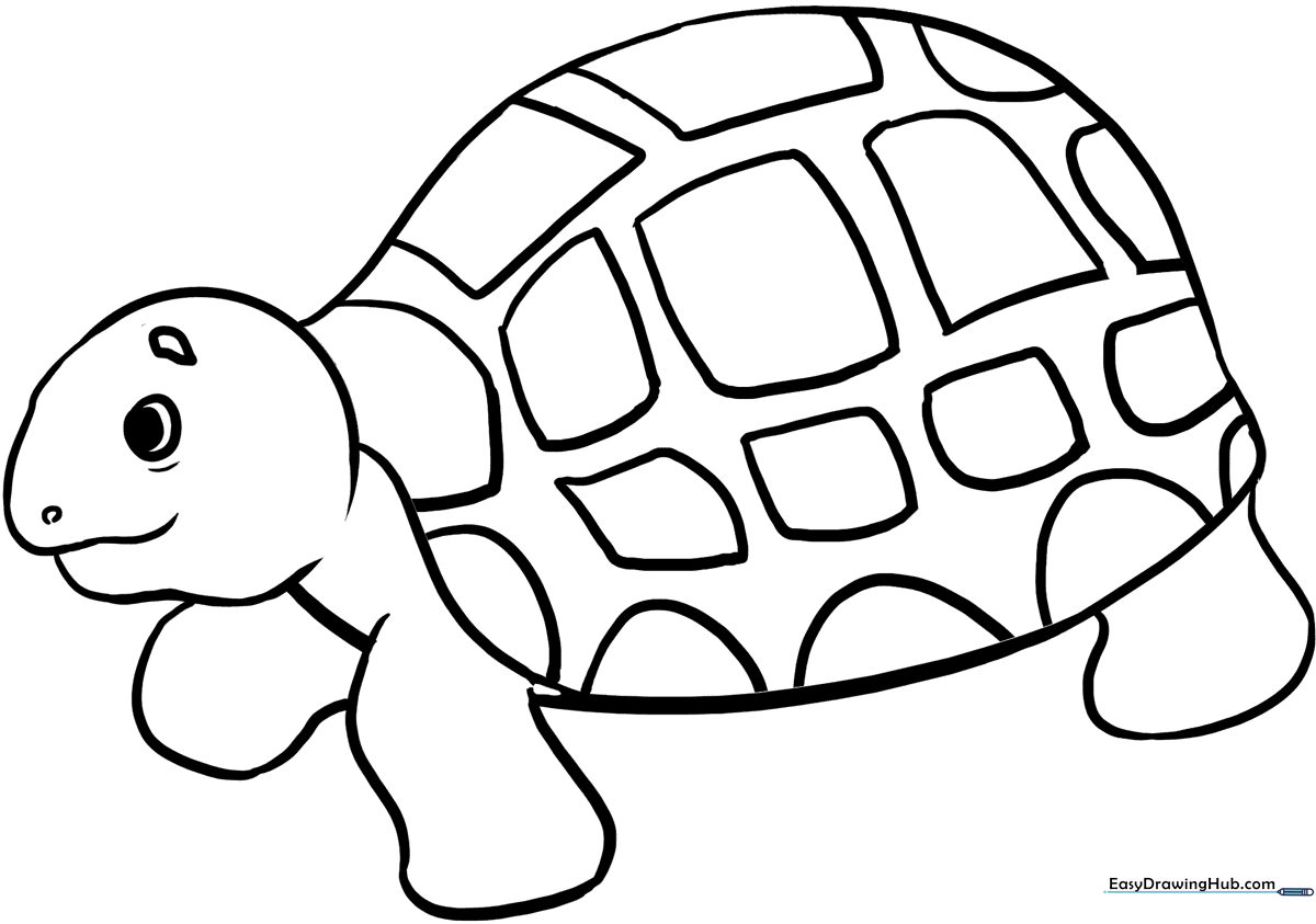 Black and white line art of a swimming sea turtle with a patterned shell, designed for children to color.