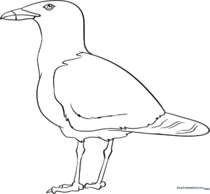 Black and white line art of a friendly seagull standing on a beach, featuring clear outlines for easy coloring by children.