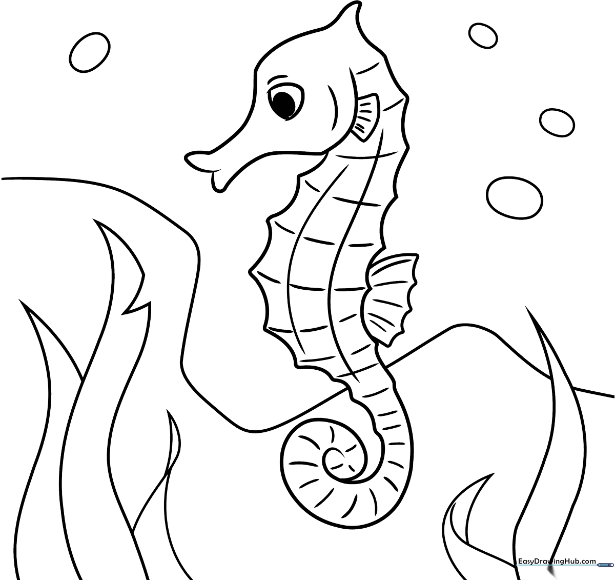 Black and white line art of a friendly seahorse with a curled tail, designed for children to color with markers or crayons.