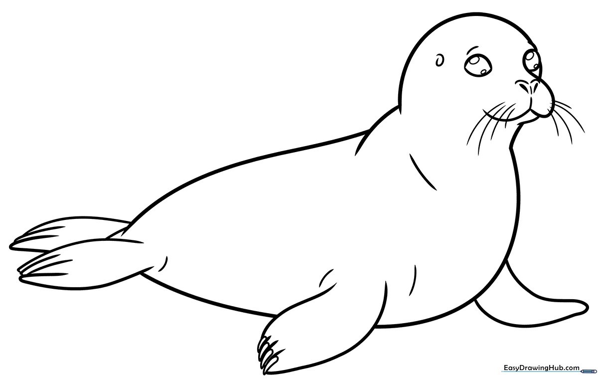 A cute cartoon seal with large expressive eyes and rounded flippers, outlined in bold black lines on a white background, ready for coloring.