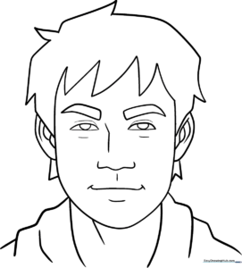 A clean, black-and-white line art illustration of a child's face, featuring clear outlines for eyes, nose, mouth, and hair, designed for kids to color as a self-portrait.