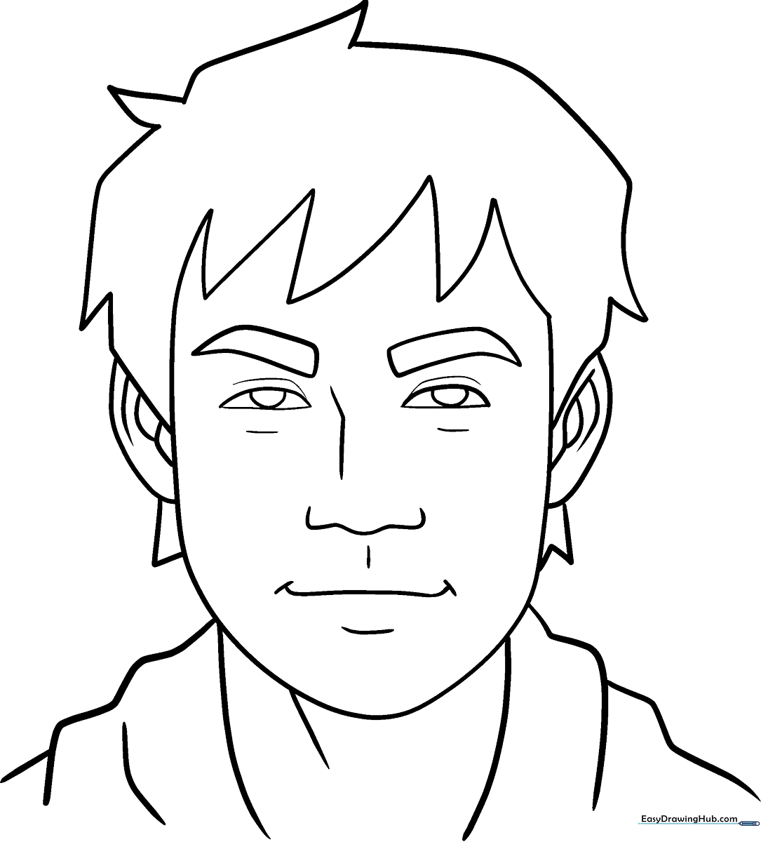 A clean, black-and-white line art illustration of a child's face, featuring clear outlines for eyes, nose, mouth, and hair, designed for kids to color as a self-portrait.