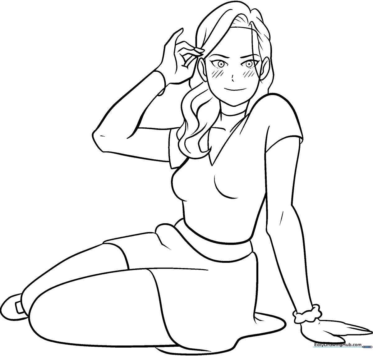 Line art of a stylish anime girl with flowing hair and expressive eyes, ready for coloring on a white background.