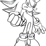 Black and white line art of Shadow the Hedgehog in a dynamic pose, featuring bold outlines for easy coloring by children.