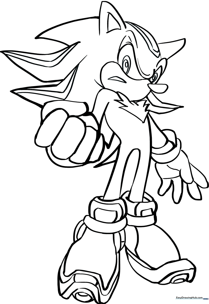 Black and white line art of Shadow the Hedgehog in a dynamic pose, featuring bold outlines for easy coloring by children.