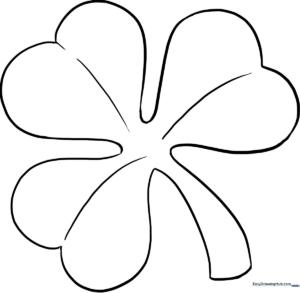 A bold, simple line art illustration of a three-leaf shamrock with a short stem, optimized for children to color with crayons or markers.