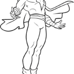 Line art illustration of the superhero Shazam standing in a heroic pose, ready for coloring with crayons or markers.