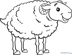 Black and white line art of a cute, fluffy sheep standing in a meadow, featuring bold outlines for easy coloring by toddlers and preschoolers.