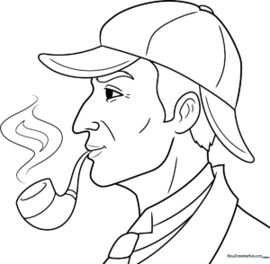 Black and white line art of Sherlock Holmes wearing his signature deerstalker hat and trench coat, ready for coloring.
