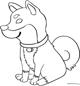 Black and white line art of a friendly Shiba Inu dog with curled tail, designed for children to color.