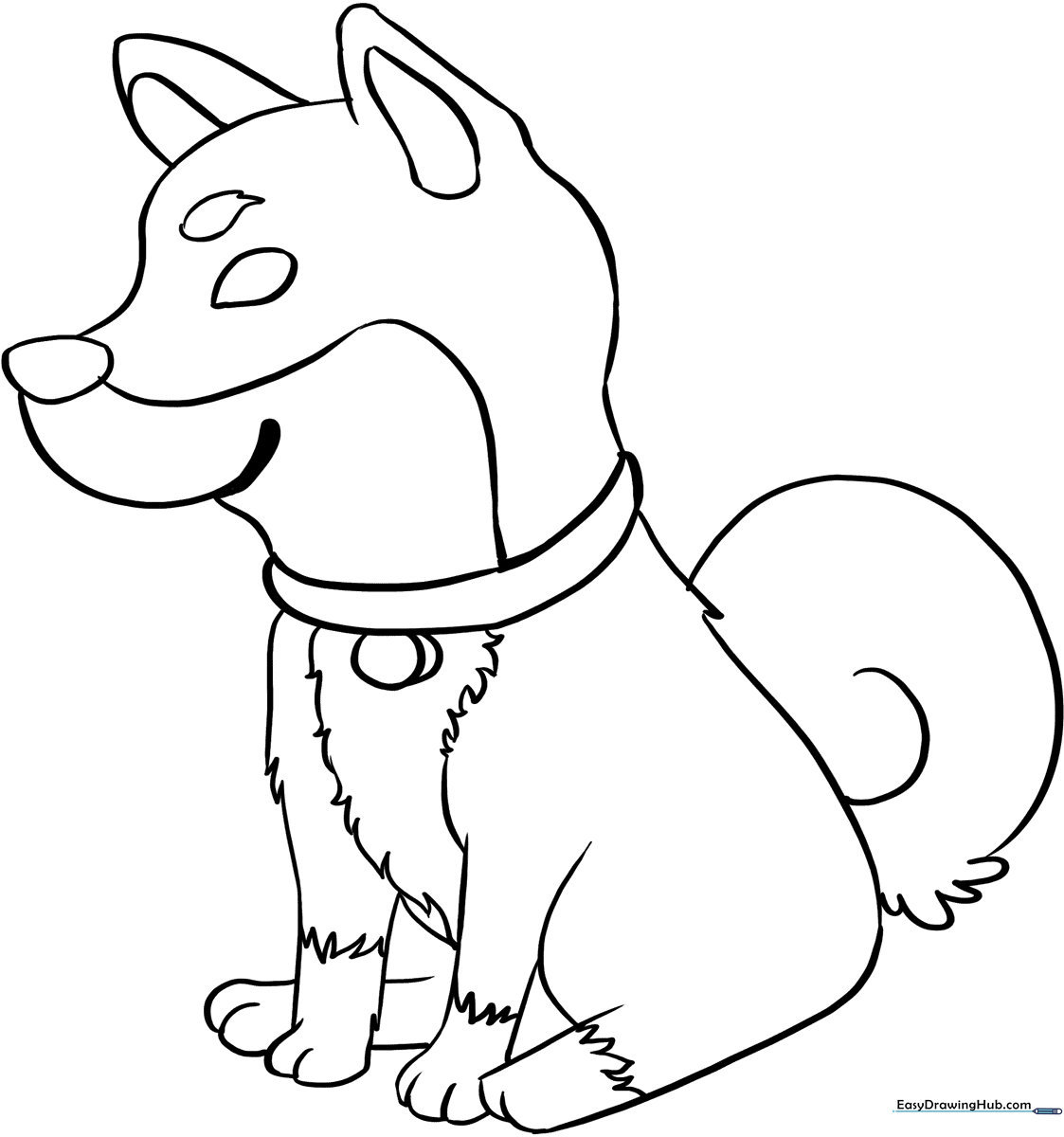 Black and white line art of a friendly Shiba Inu dog with curled tail, designed for children to color.