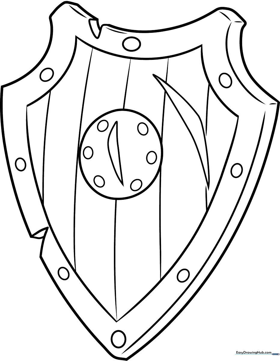 A clean, bold-lined illustration of a classic medieval shield ready for coloring, featuring a central emblem area for creative customization.