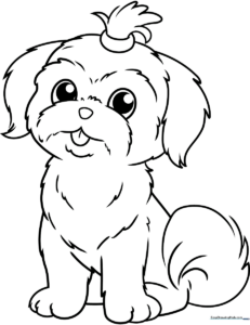 Line art illustration of a cute Shih Tzu dog with long, flowing fur, designed for children to color.