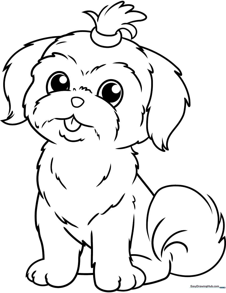 Line art illustration of a cute Shih Tzu dog with long, flowing fur, designed for children to color.