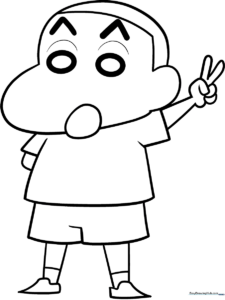 Black and white line art of Shinnosuke Nohara from Crayon Shin-Chan, featuring his signature thick eyebrows and simple outfit, ready for coloring.