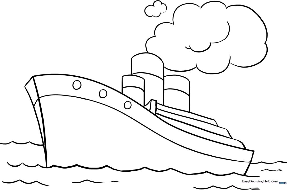 Black and white line art of a classic sailing ship with large sails, perfect for children to color with markers or crayons.