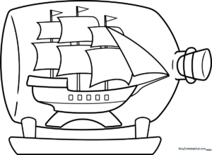 Black and white line art of a sailing ship contained inside a glass bottle, featuring clear outlines for easy coloring by children.
