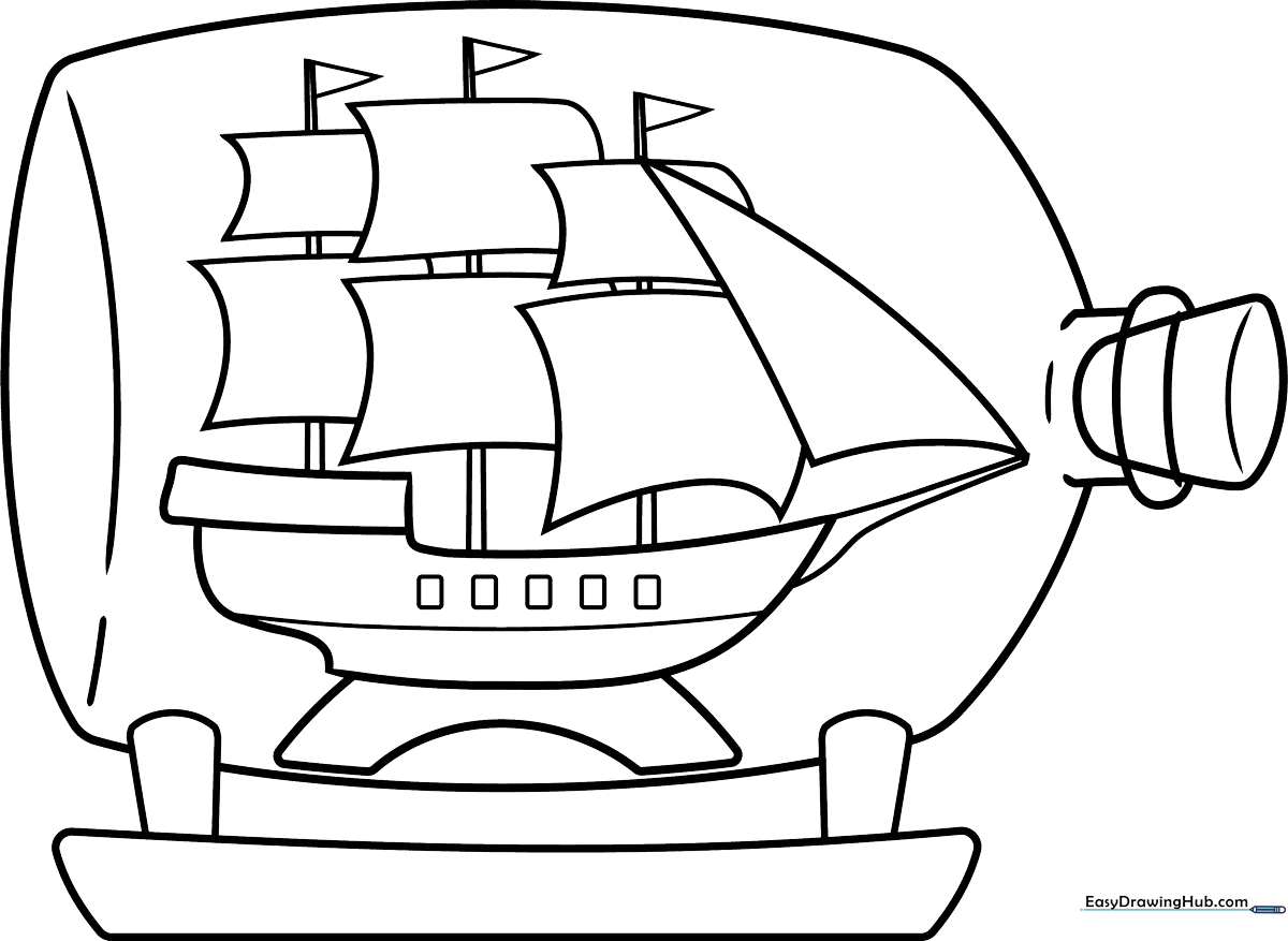 Black and white line art of a sailing ship contained inside a glass bottle, featuring clear outlines for easy coloring by children.