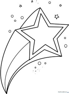 Black and white line art of a shooting star with a bright center and trailing stardust, designed for children to color.