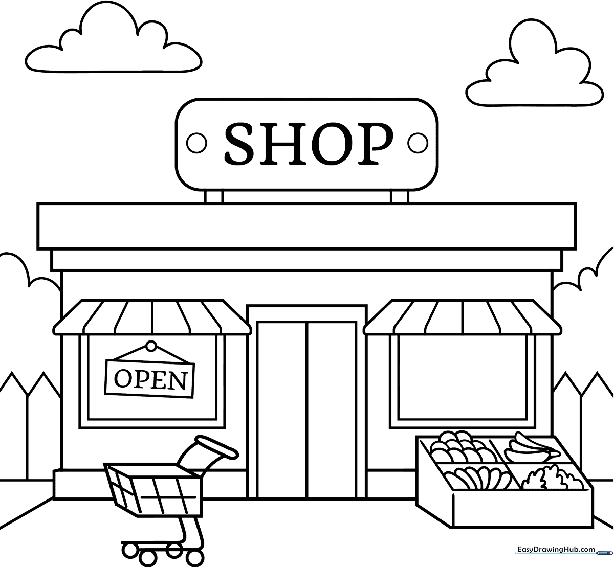 Black and white line art of a friendly neighborhood shop with a large display window and awning, ready for children to color.