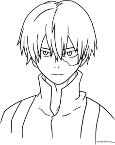 Line art of Shoto Todoroki from My Hero Academia, featuring clear outlines for coloring his split-hair style and hero costume.