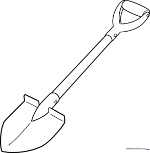 Black and white line art of a garden shovel with a long handle and a wide, curved blade, designed for children to color.