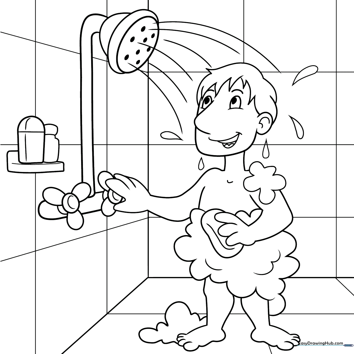 Black and white line art of a cartoon shower head with water droplets, designed for children to color.