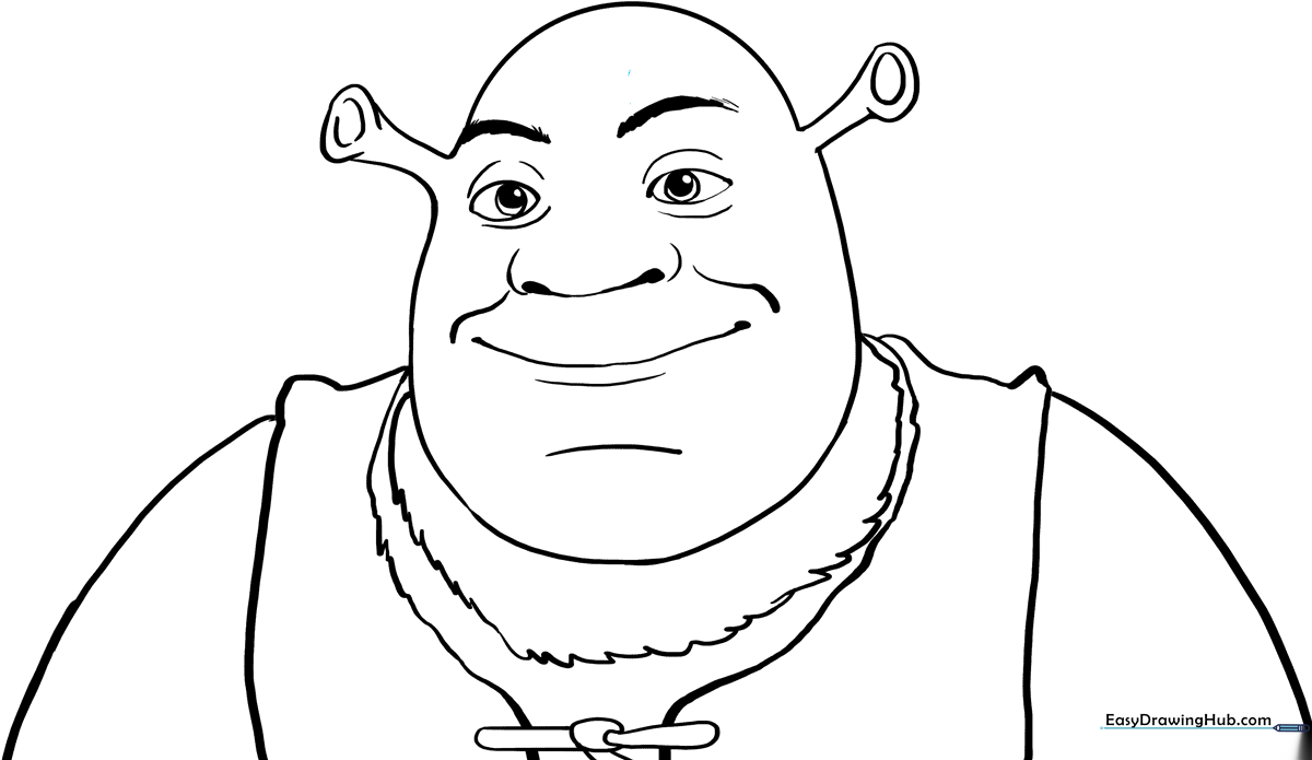 Black and white line art of Shrek smiling, featuring clear outlines for easy coloring by children.