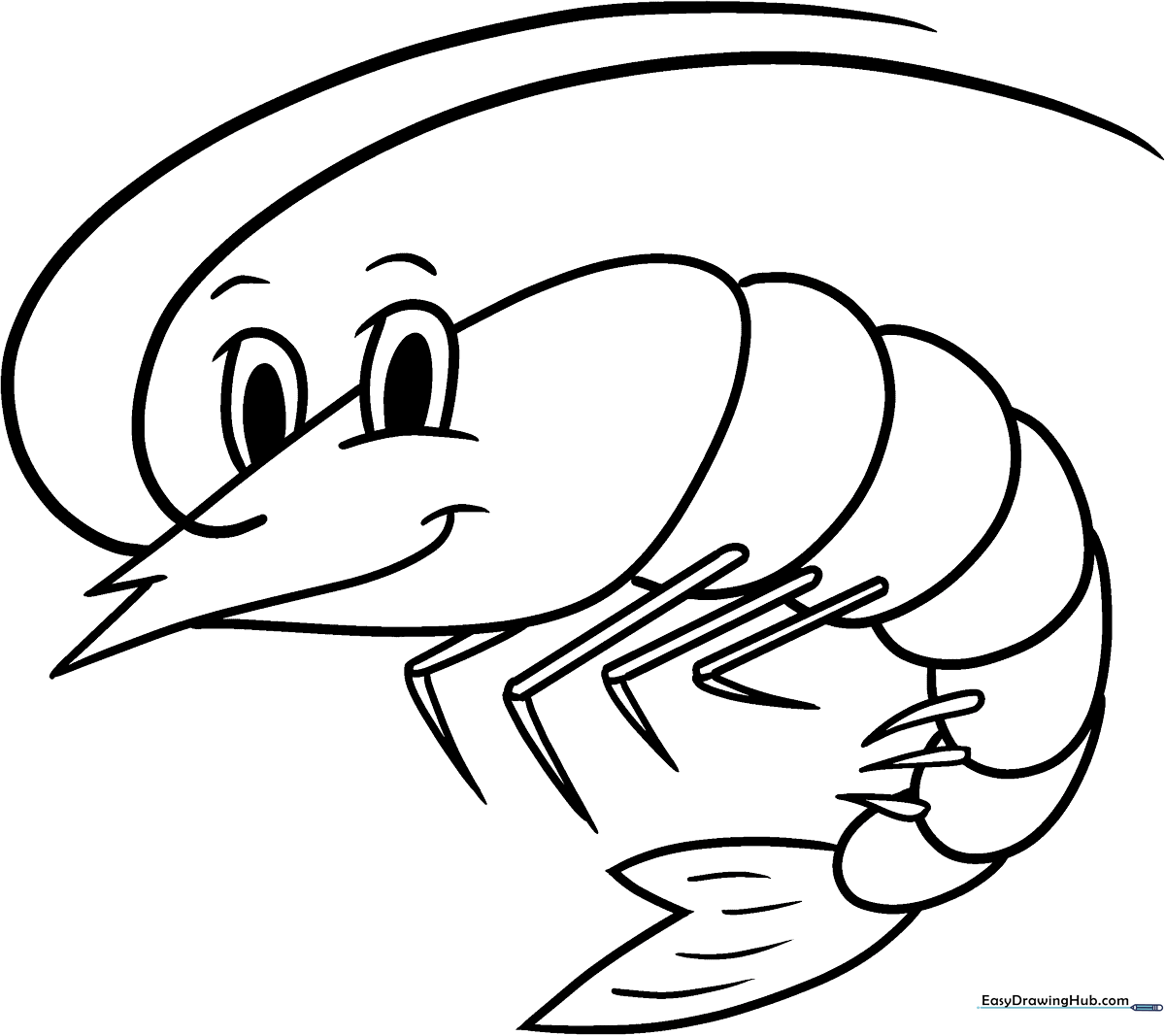 A friendly cartoon shrimp with large eyes and a curved tail, outlined in bold black lines for easy coloring by children.