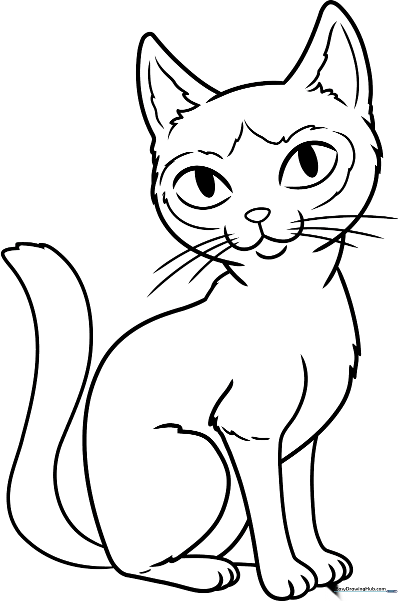 A clean, black-and-white line art illustration of a seated Siamese cat with large expressive eyes, designed for children to color.