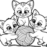 A cute cartoon kitten playfully batting at a large, unraveling ball of yarn with bold outlines for easy coloring.