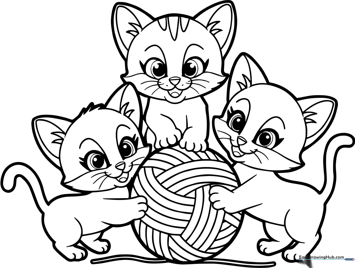 A cute cartoon kitten playfully batting at a large, unraveling ball of yarn with bold outlines for easy coloring.