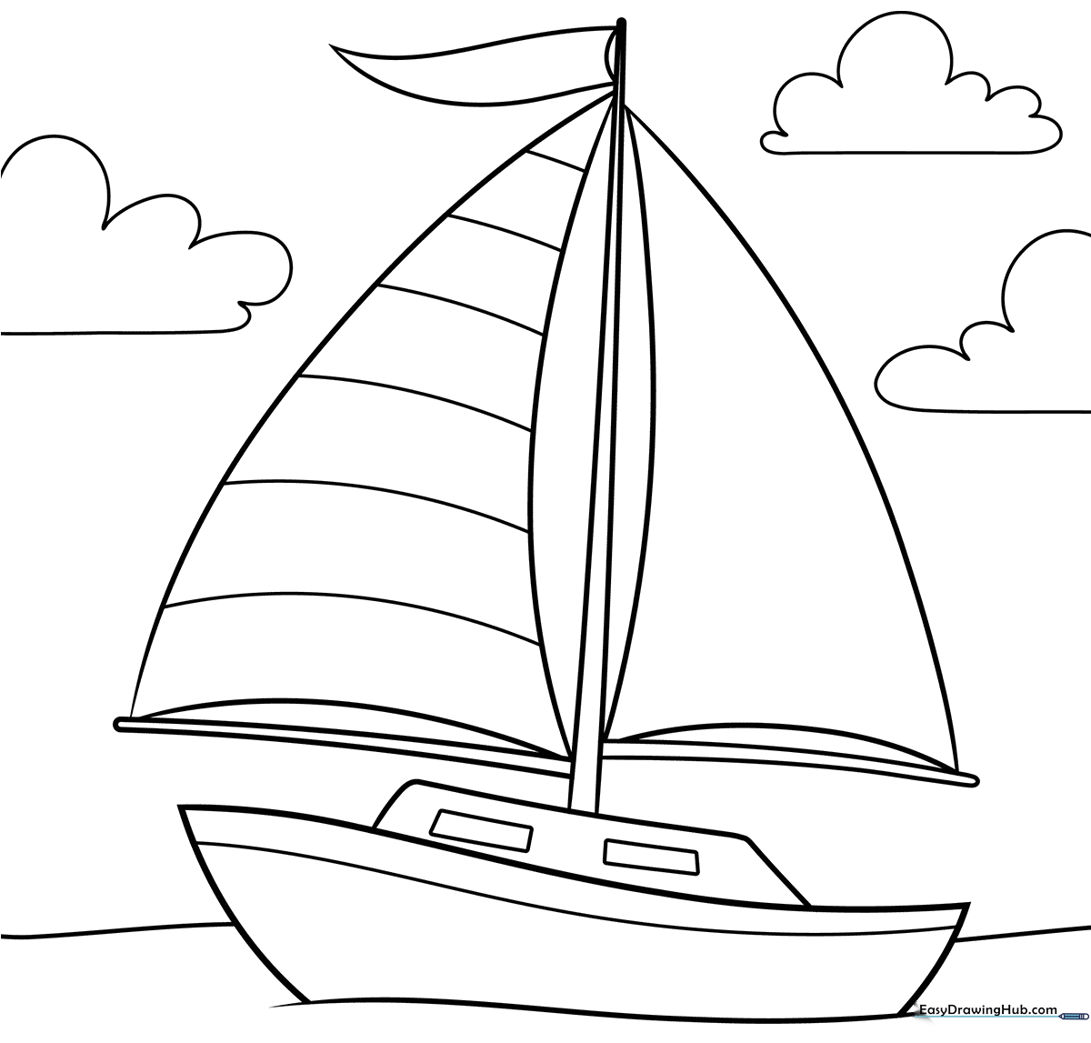 A clean, black-and-white line art drawing of a simple sailboat with a single mast, ready for children to color with crayons or markers.