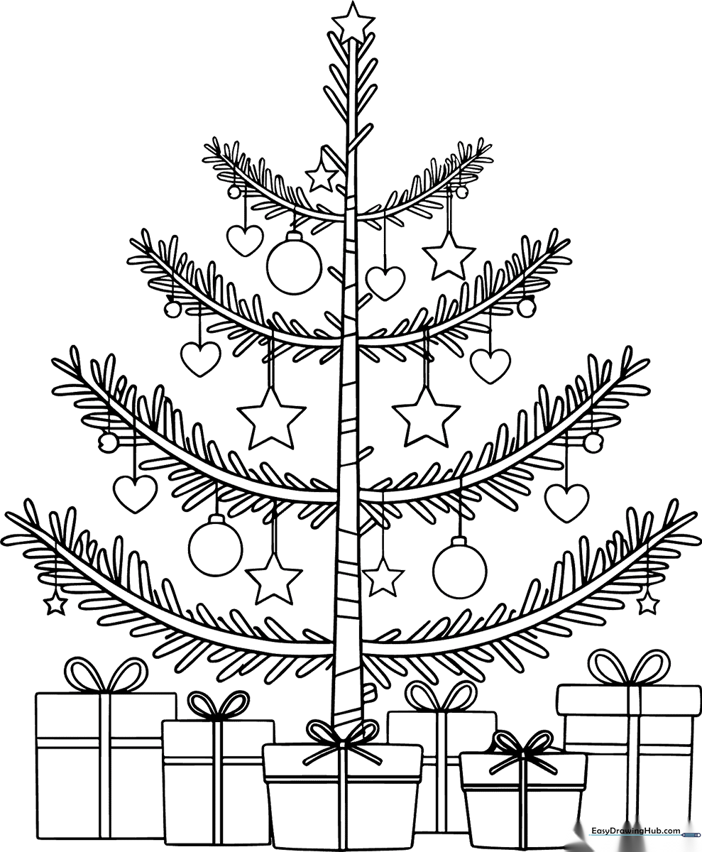 A clean, black-and-white line art illustration of a stylized Christmas tree decorated with ornaments, standing over three wrapped gift boxes, designed for children to color.