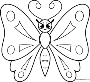 A friendly butterfly with large, rounded wings and simple patterns, perfect for young children to color with crayons or markers.