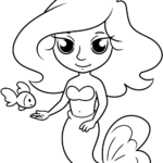Line art of a friendly cartoon mermaid with flowing hair and a detailed tail, designed as a coloring activity for children.